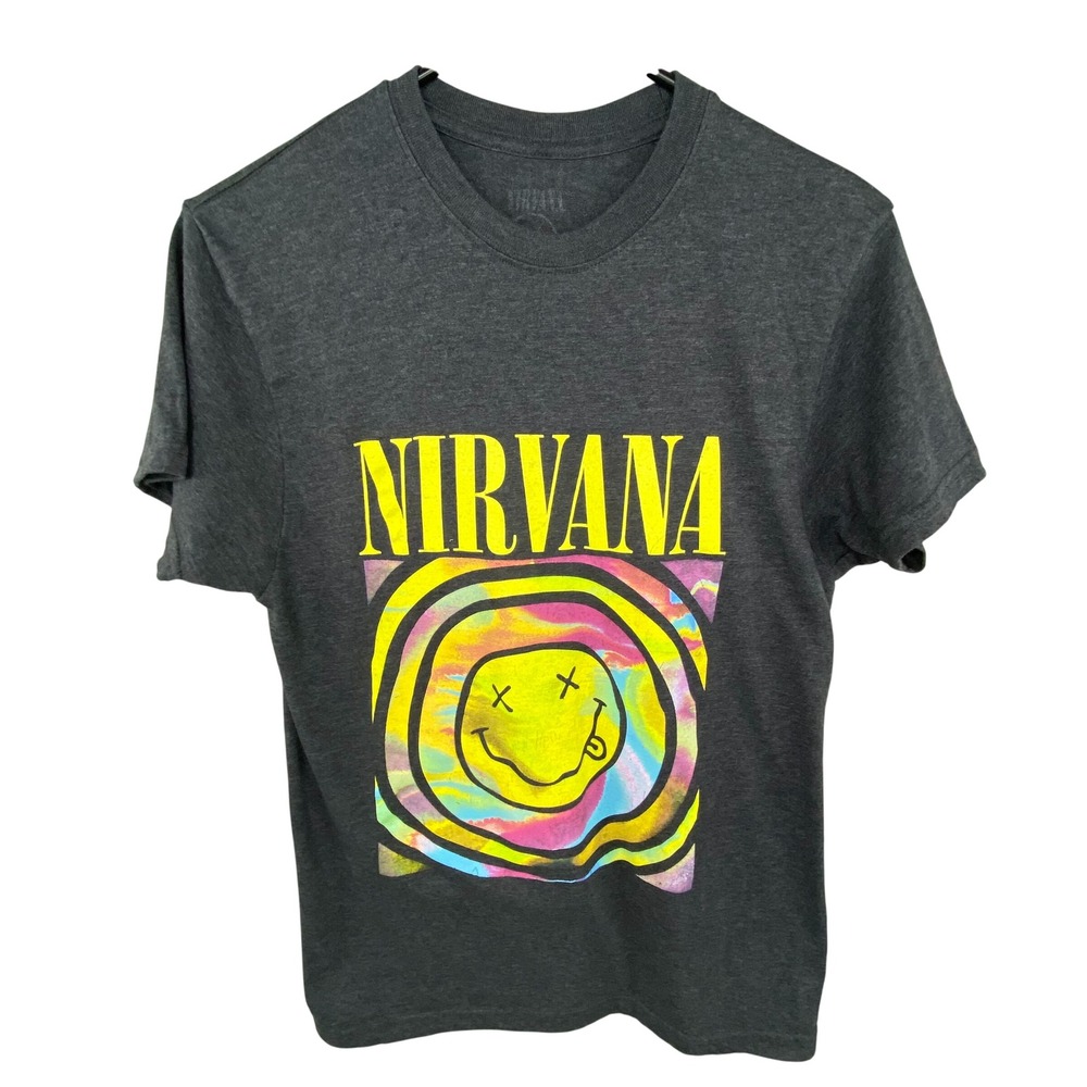 Nirvana Graphic T Shirt Mens Small Charcoal Grey Smiley Face‎ Psychedelic Indie